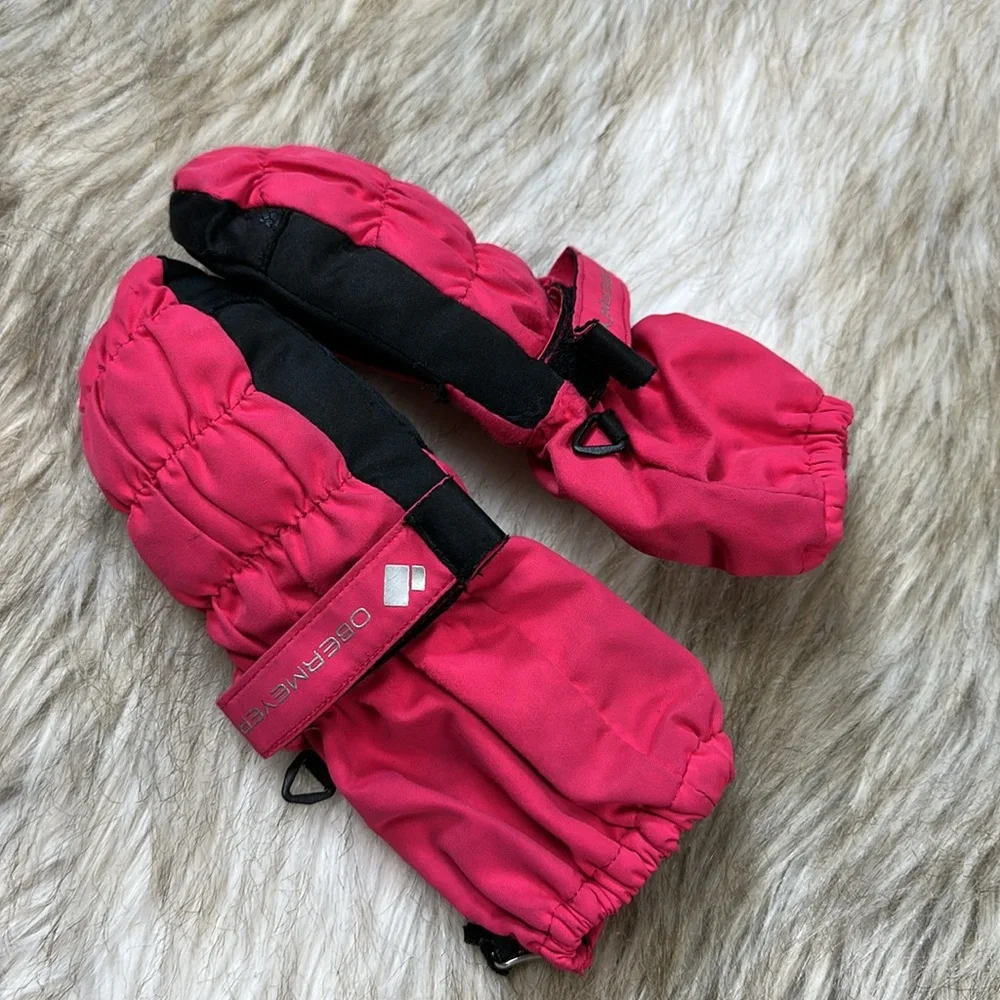 XS Obermeyer Kids' Pink and Black Mittens with Zipper and Velcro Strap